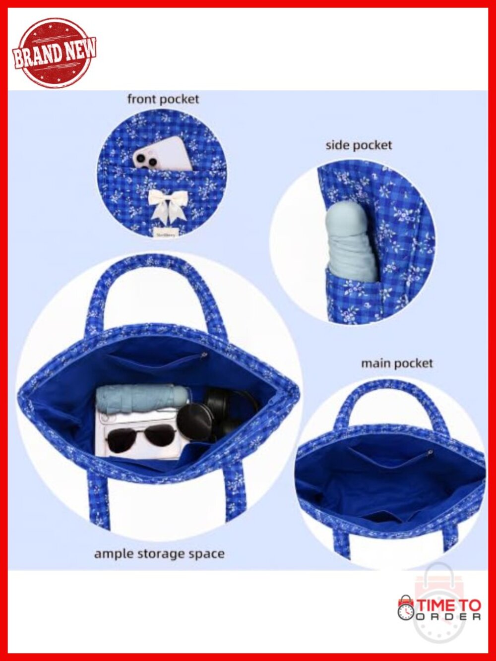 Quilted Cotton Tote Bag with 7 Pockets, Zip Top, Lightweight - Picture 2 of 6